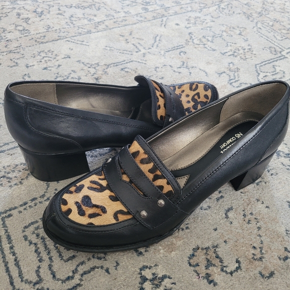 Naturalizer Calf Hair Leather Black Loafer Size 8.5 Block Heel Leopard New - Picture 2 of 12